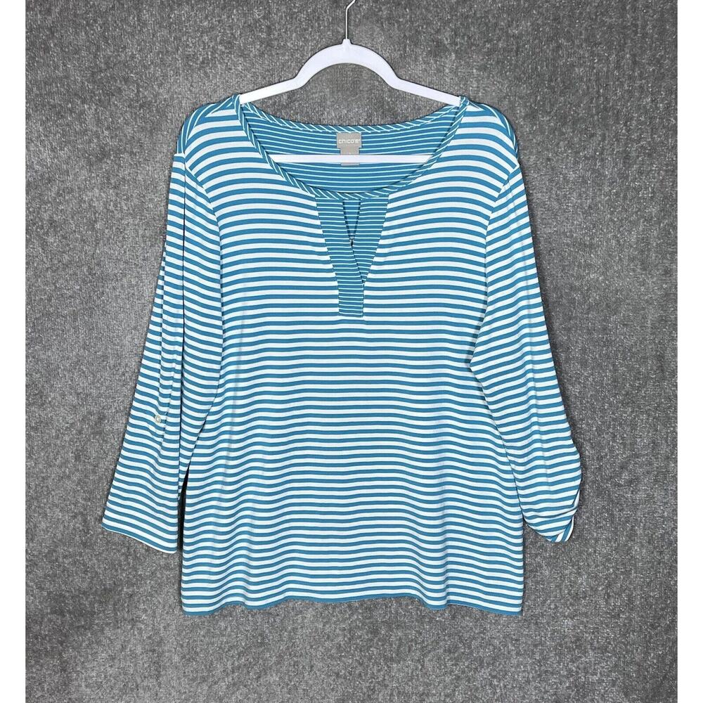 Chicos Blue Striped Stretch Tunic Top Womens Sz 2 US Sz 12 Large Roll Tab Sleeve